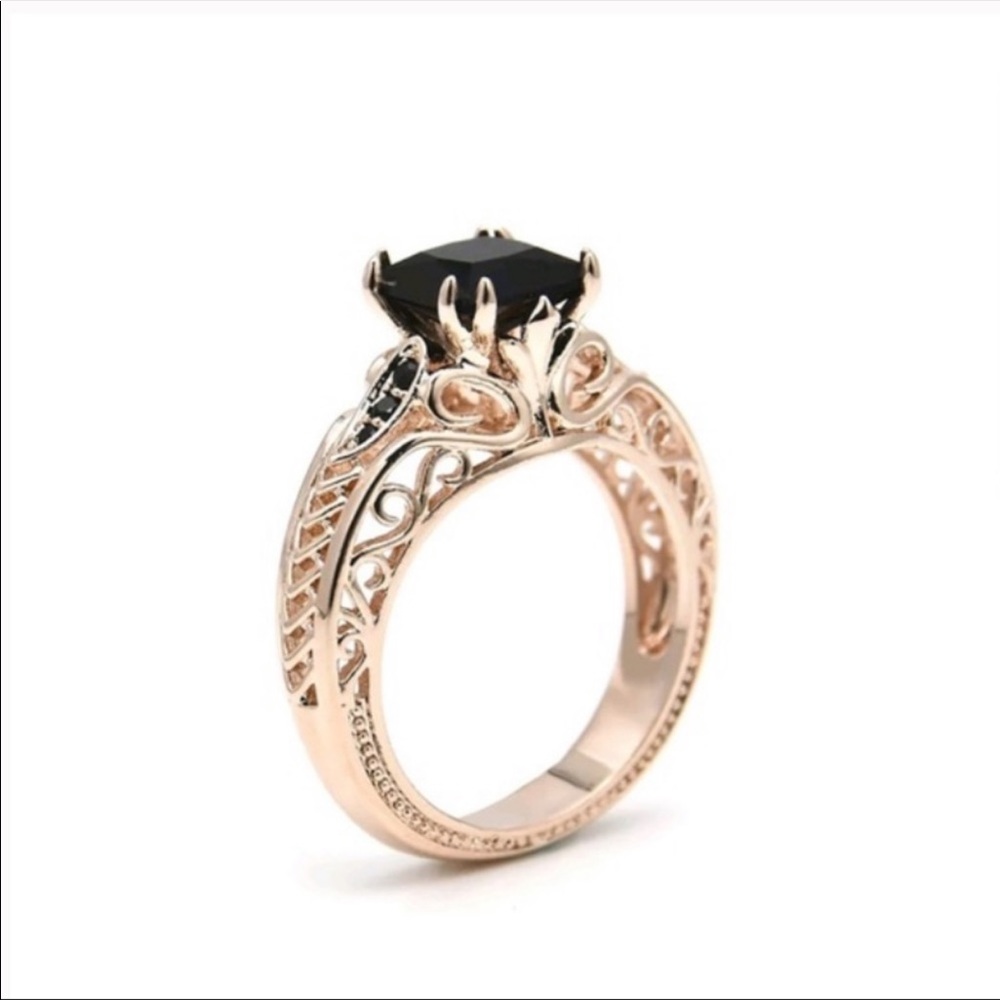 New Women Rose Gold Filled Black Sapphire Ring